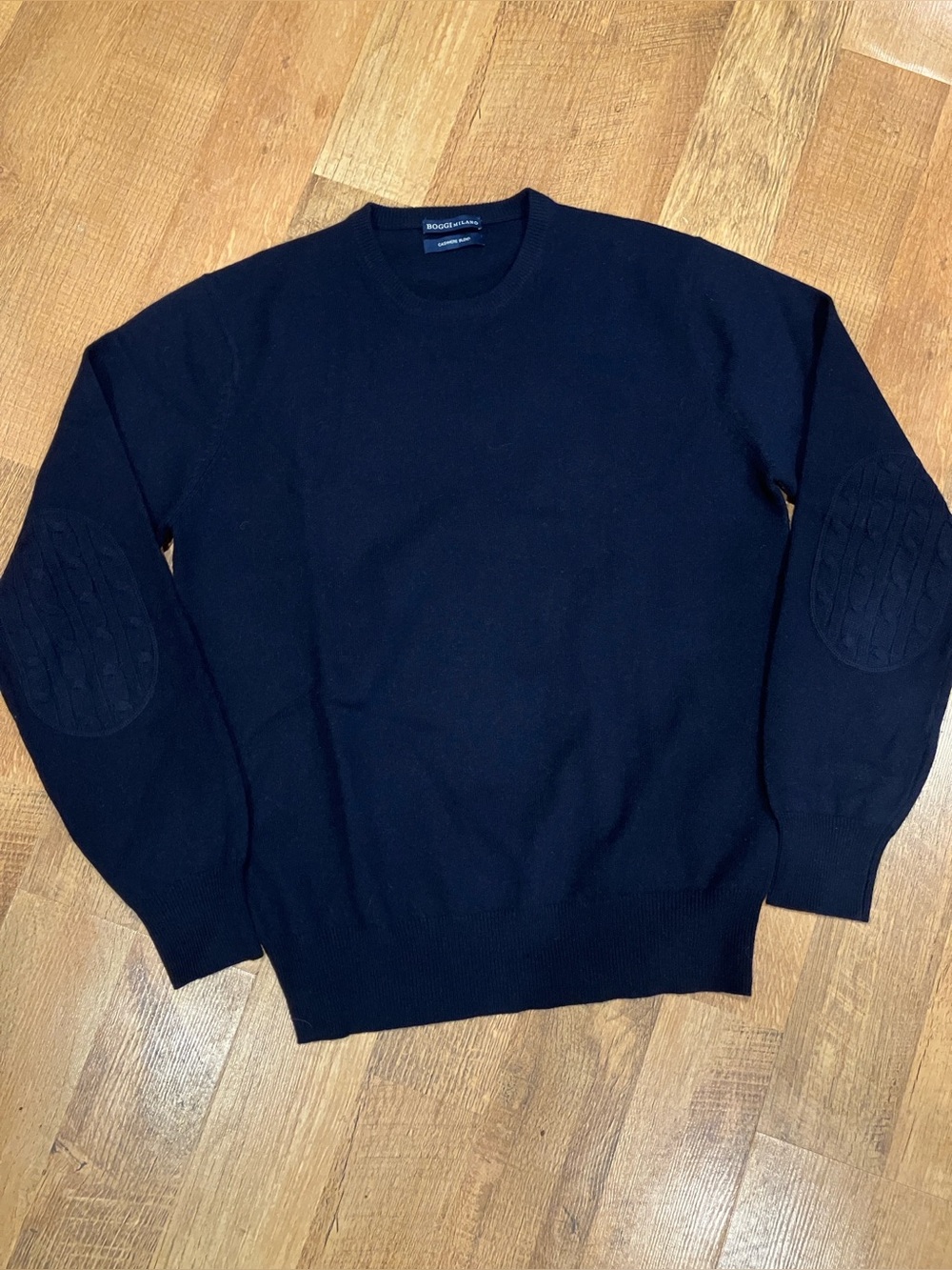 Boggi Navy Blue Wool Cashmere Blend Crewneck Sweater Quilted Elbow Patches S/M